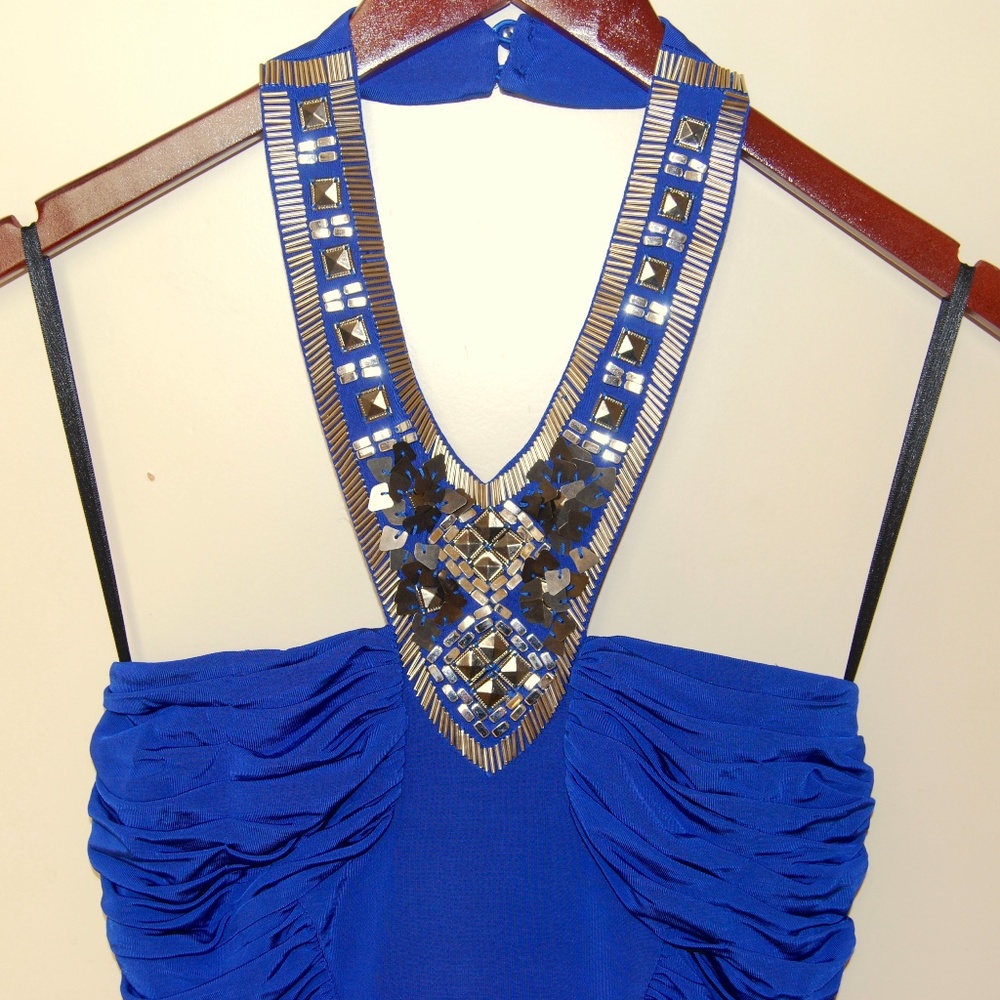 BEBE Royal Blue Ruched Bodycon Halter Dress